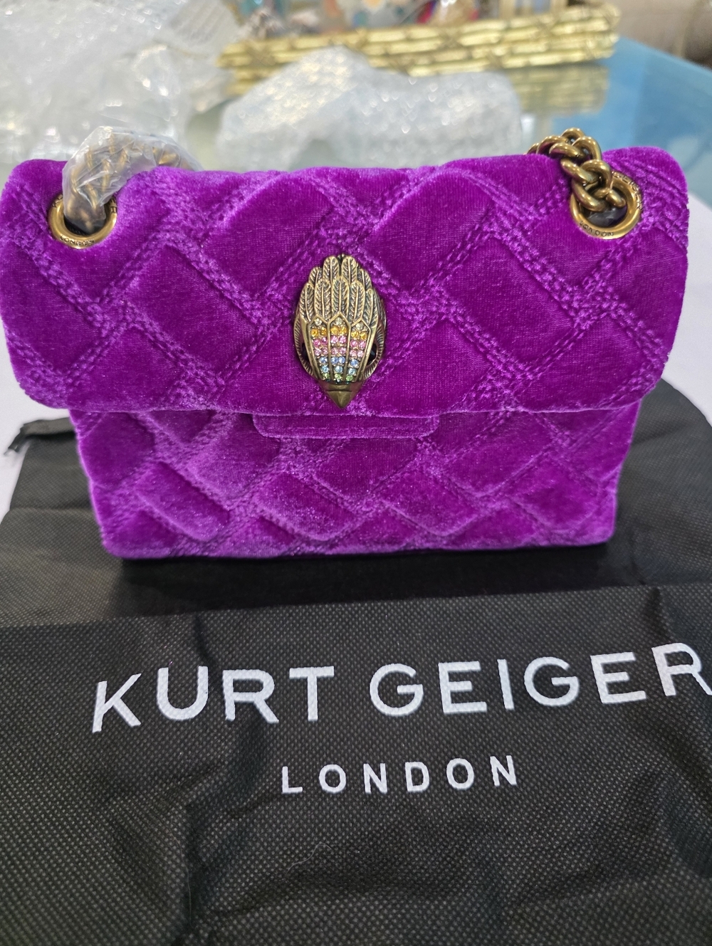 Kurt Geiger Fuchsia Quilted Velvet Shoulder Bag with Gold Chain